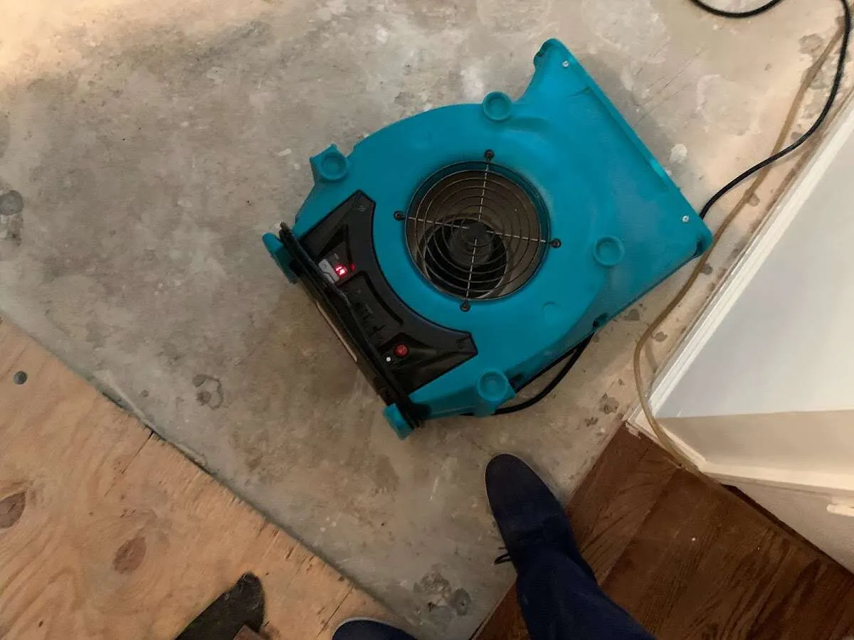 Air mover drying subfloor during Commercial Water Damage Restoration in Imperial